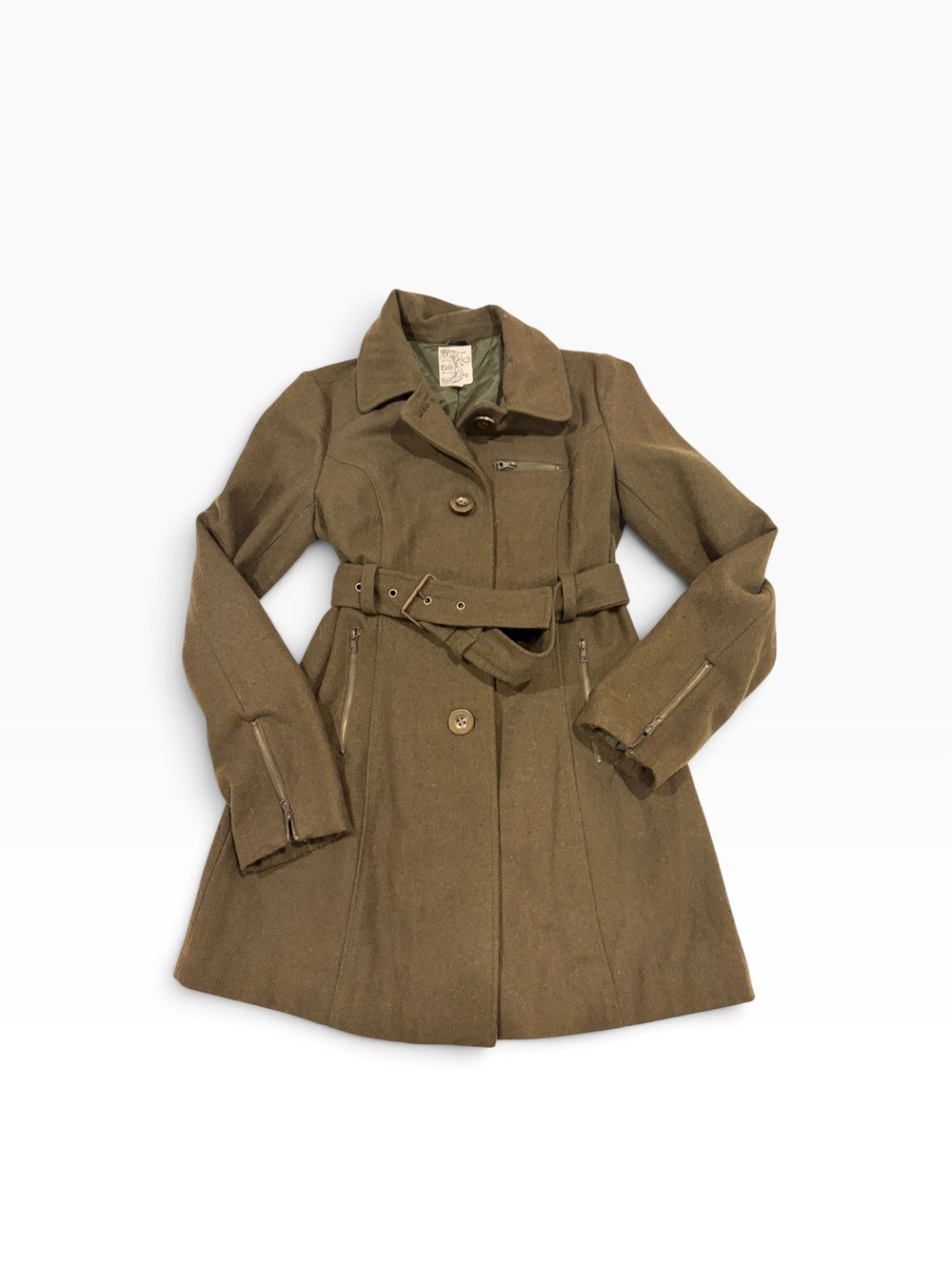 Tulle Olive Green Wool-Blend Belted Trench Coat